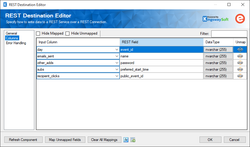 SSIS REST Eventbrite Destination - Columns